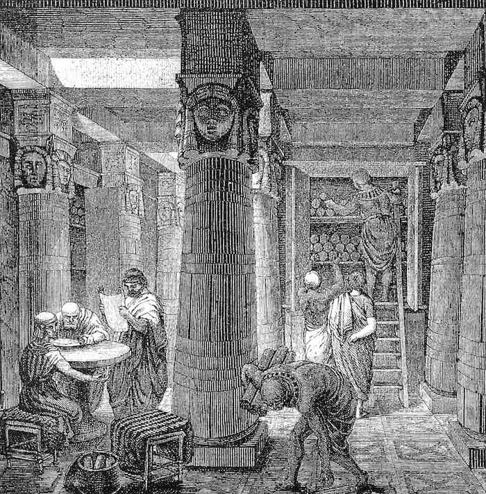 19世纪时，依据建筑遗迹模拟的亚历山大图书馆（图片来源：wiki）