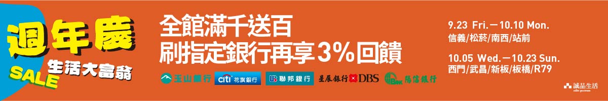 全館滿千送百 刷指定銀行加碼回饋