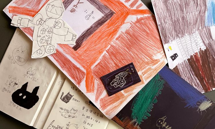 （和兒⼦⼀起創作故事跟畫圖⽇記。）