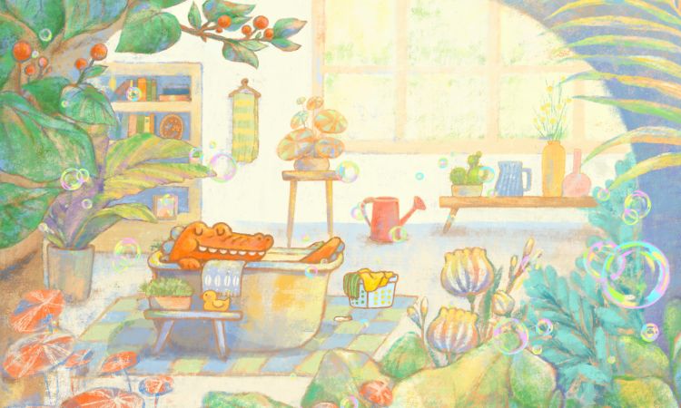 （經過多次的配⾊嘗試，最後決定使⽤溫暖明亮的⾊彩配置。）