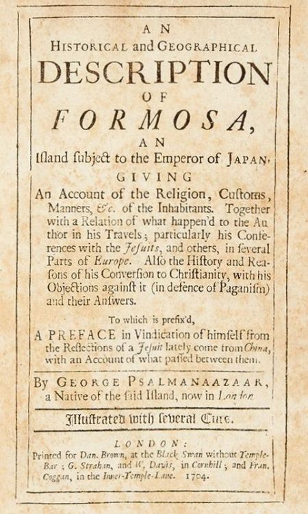 1704 年出版的《福爾摩沙 歷史與地理的描述》扉頁（取自維基百科）的副本
