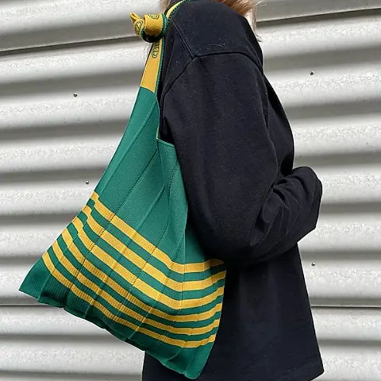 KNT365黃綠色條紋摺疊環保包/ Knitty